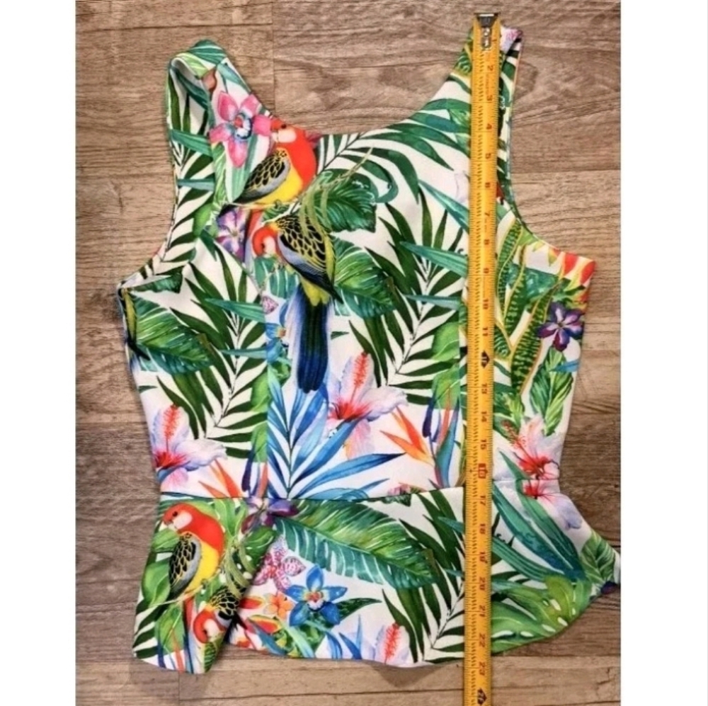 Boston Proper Tropical Green White Red Blue Plum Peplum Sleeveless Blouse Top S - Picture 6 of 7